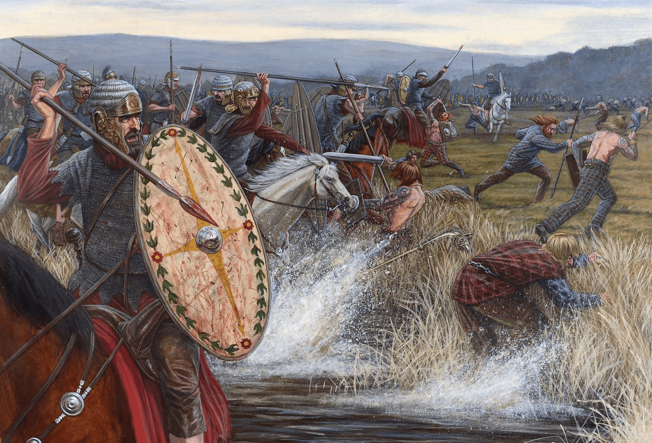 Batalla del monte Graupio año 83. La caballería romana persiguiendo a los caledonios. Autor Sean O´Brogain