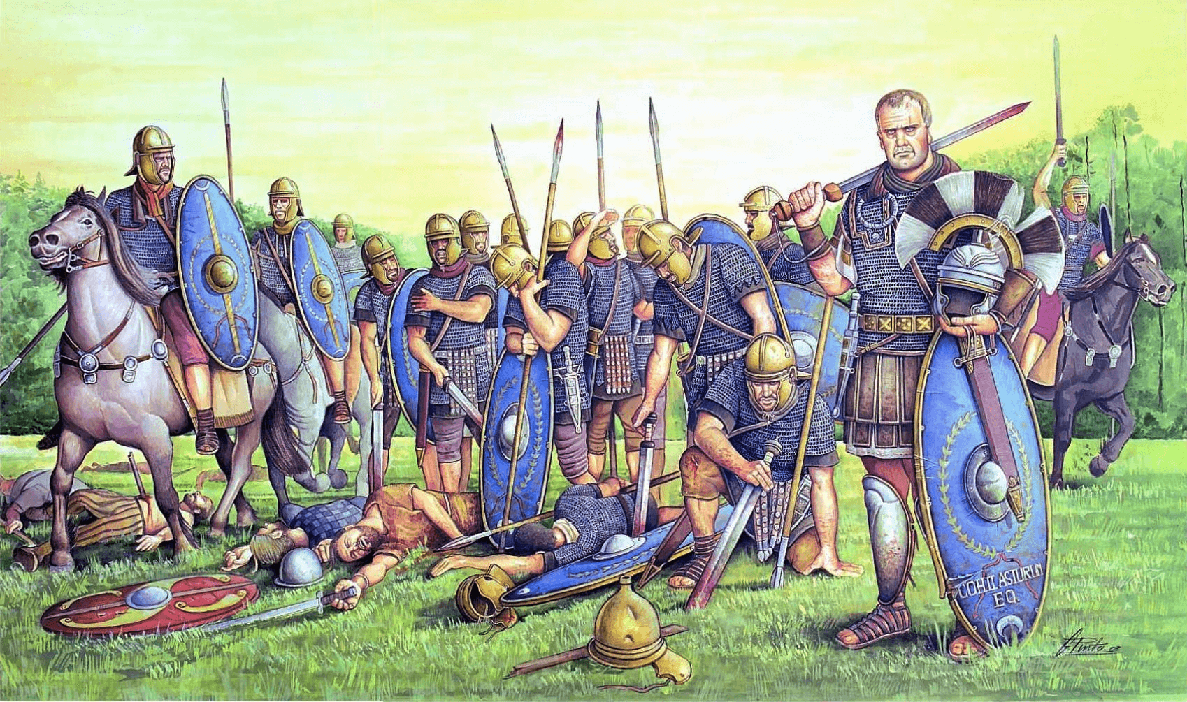 Cohorte equitata II Asturum en Britania año 48. Los soldados se reunen después de la lucha, en el primer plano a la derecha se ve a un centurión. Autor Ángel García Pinto