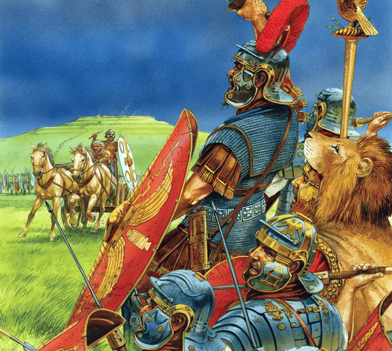 Ejercito romano delante del castro britano de Caer Caradoc. 
