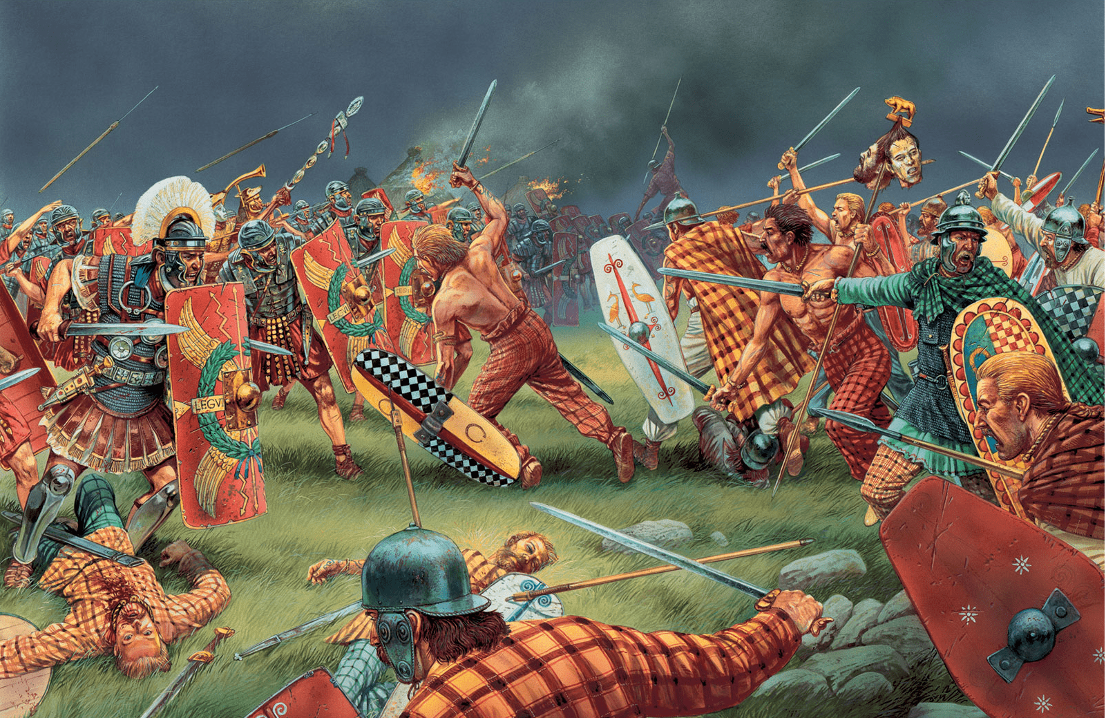Legión VI Victrix contra los britanos. La legión VI sustituyó a la IX Hispana en el año119, Participó en la construcción del Muro de Antonino. Autor Peter Dennis