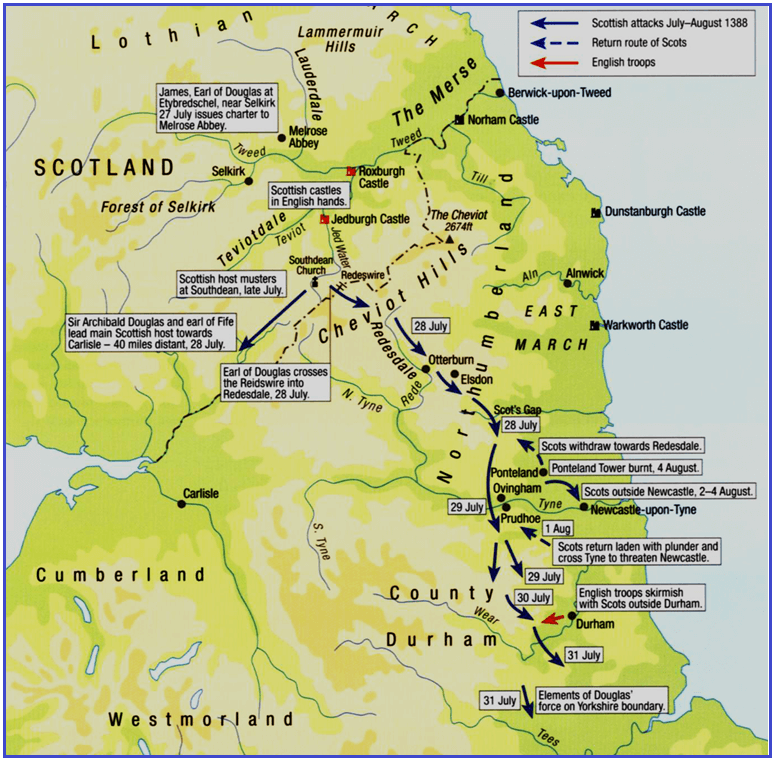 Mapa invasión escocesa del conde Douglas en el Norte de Inglaterra en 1.388 